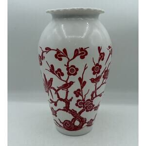Vintage Anchor Hocking 9" Vase Red Birds Cherry Blossoms Milk‎ Glass